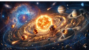 A cinematic illustration of the early Solar System forming from a glowing nebula, featuring the Sun, protoplanets, and asteroid impacts.