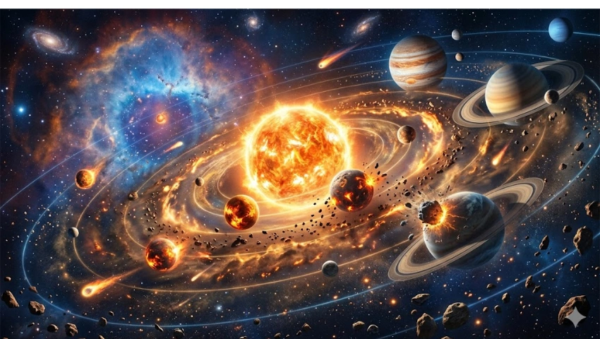 A cinematic illustration of the early Solar System forming from a glowing nebula, featuring the Sun, protoplanets, and asteroid impacts.