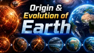 Origin and Evolution of the Earth YouTube thumbnail showing Earth’s formation from a molten planet to a life-supporting world with volcanoes, oceans, asteroids and galaxies in space.