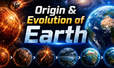 Origin and Evolution of the Earth YouTube thumbnail showing Earth’s formation from a molten planet to a life-supporting world with volcanoes, oceans, asteroids and galaxies in space.